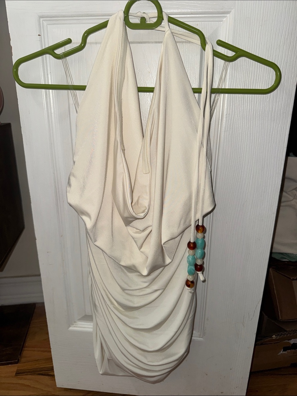 Cream Halter Mini Dress with Bead Tie Detail